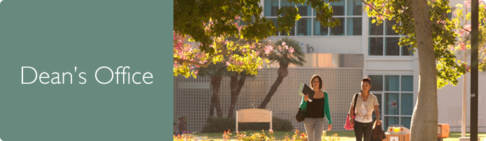 Dean's Office. Students walking in front of the Matador bookstore that houses the Tseng College