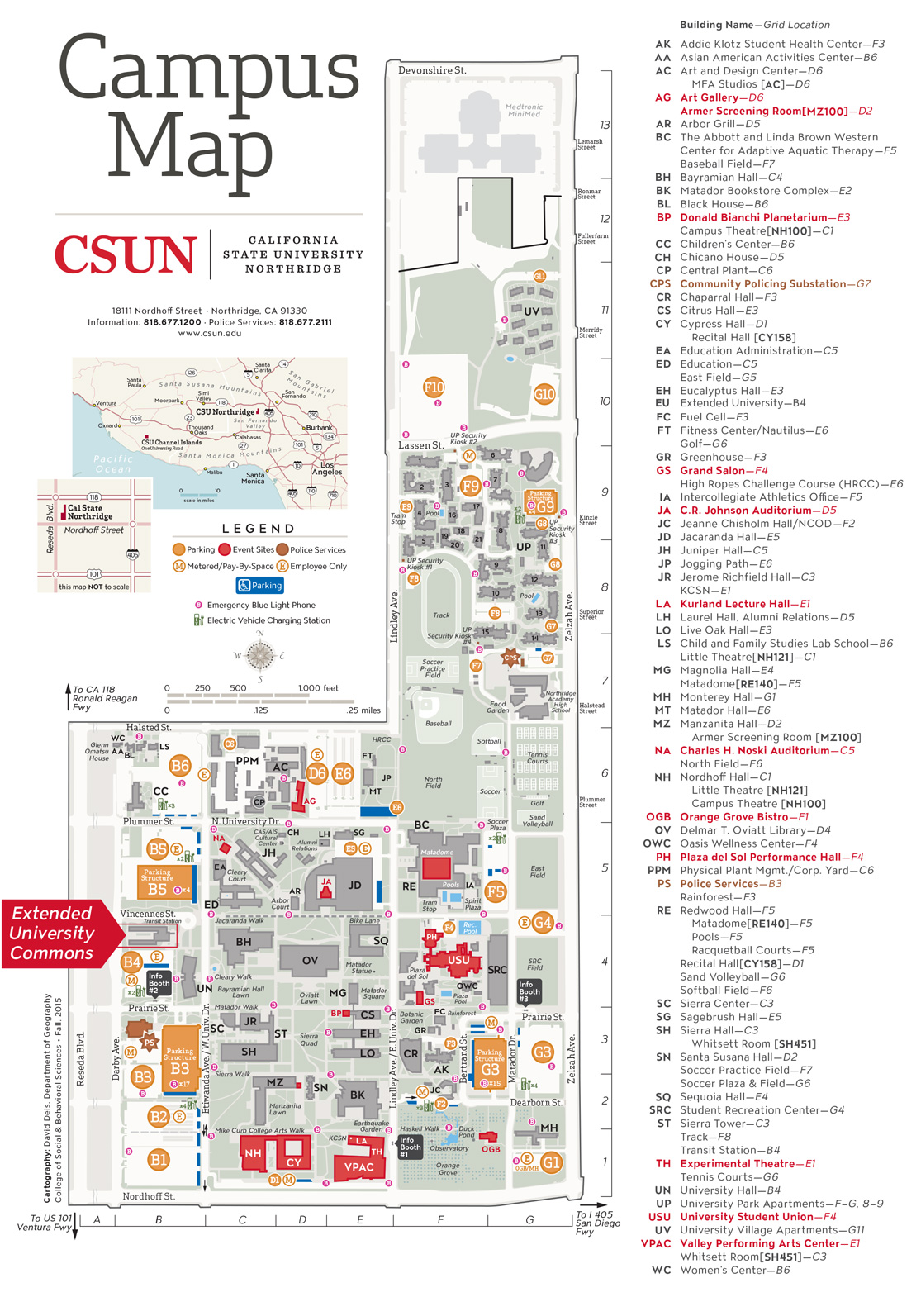 Map of CSUN campus with Extended University Building highligted.
