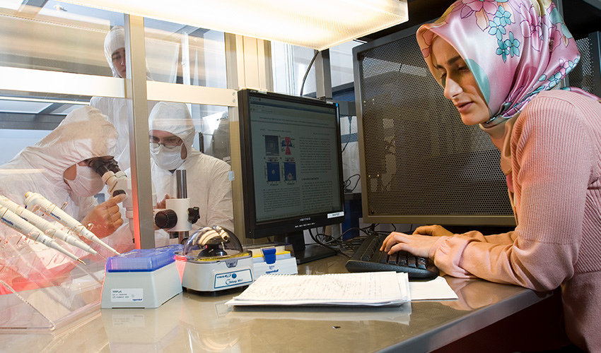 A CSUN student in a headscarf focused on her computer, immersed in her studies and creating a productive workspace.