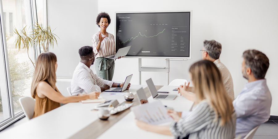 Public sector program analyst presenting findings to a group in a conference room.