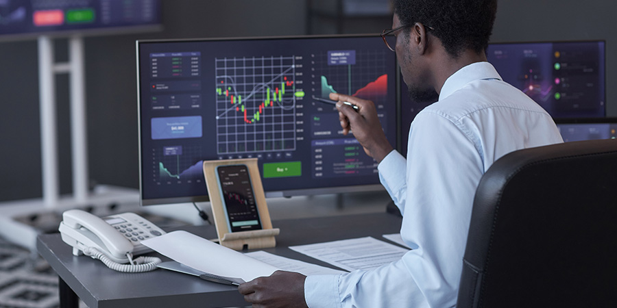 A budget analyst reviews financial data on a monitor.