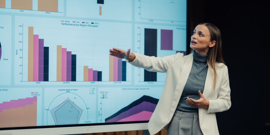 A data scientist uses a visualization dashboard displayed on a large screen to deliver a presentation
