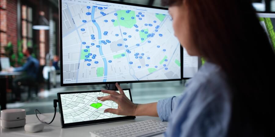A public administrator analyzes neighborhood zoning maps on two computer monitors