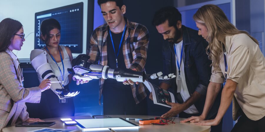 A medical device design team tests a robotic prosthetic arm.