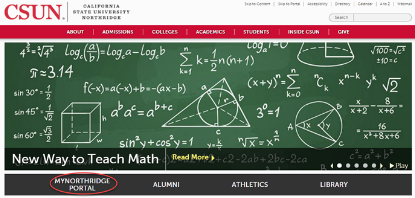 CSUN Homepage Screenshot with MYNORTHRIDGE PORTAL circled