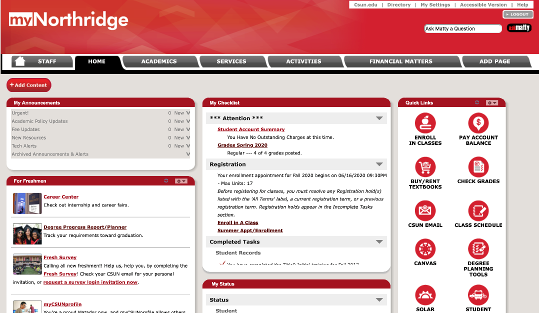 Screen shot of CSUN Portal