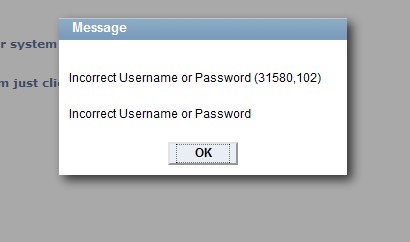 Incorrect Username or Password error screen