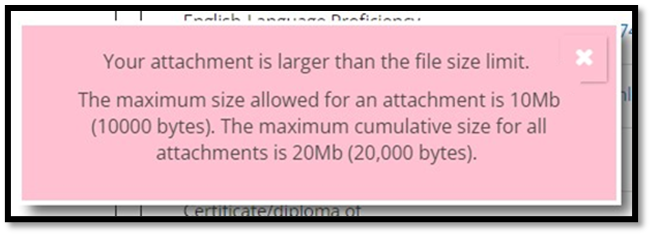 Attachment rejected file size limit dialog screen