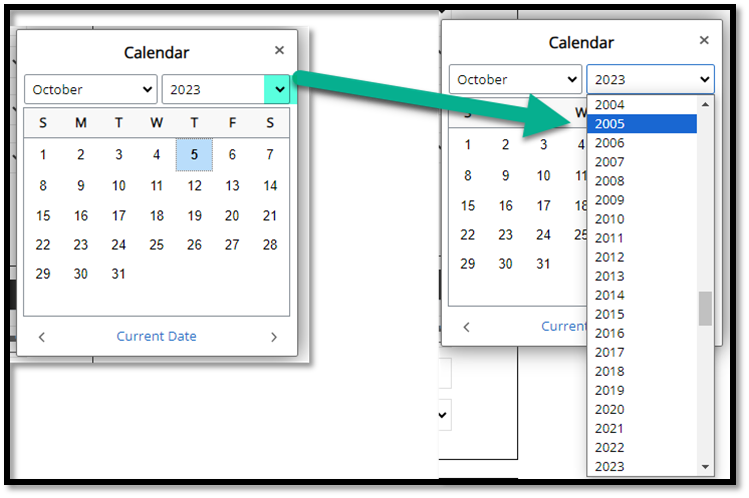 Calendar popup with year drop-down expanded
