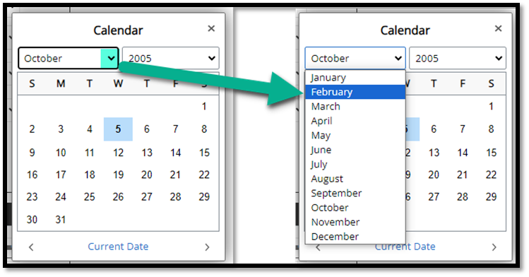 Calendar popup with month drop-down expanded