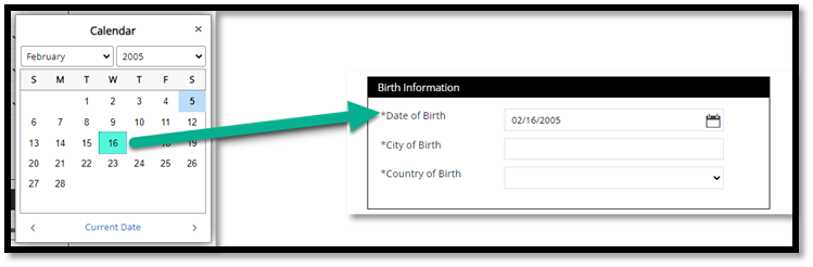 Application screen with full date displayed on the Date of Birth field