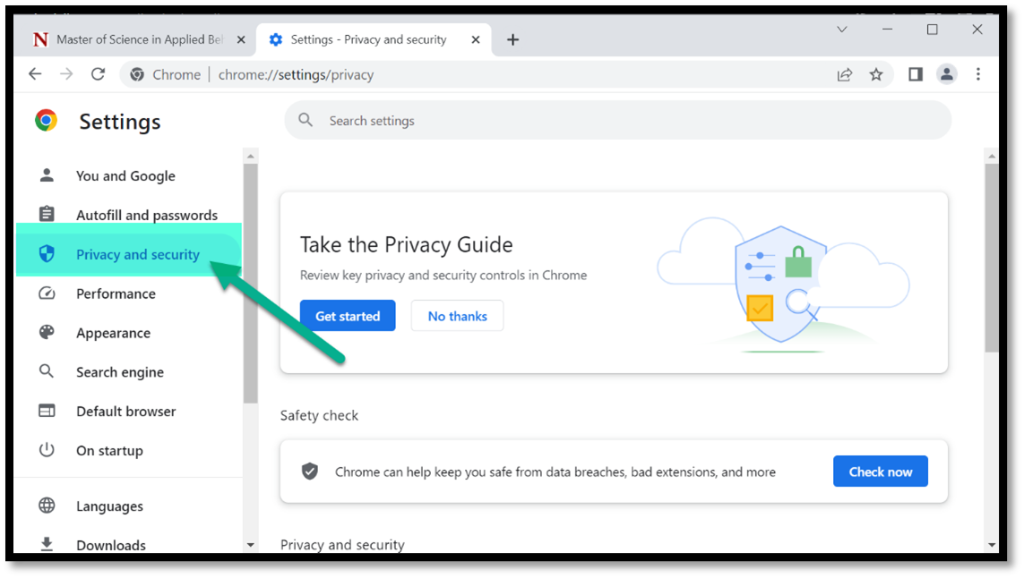 Google Chrome setting screen with Privacy and Security menu highlighted
