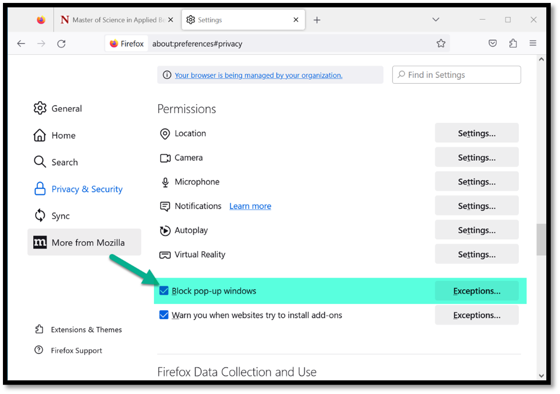 Firefox Privacy and Security setting screen with Block pop-up windows checkbox highlighted