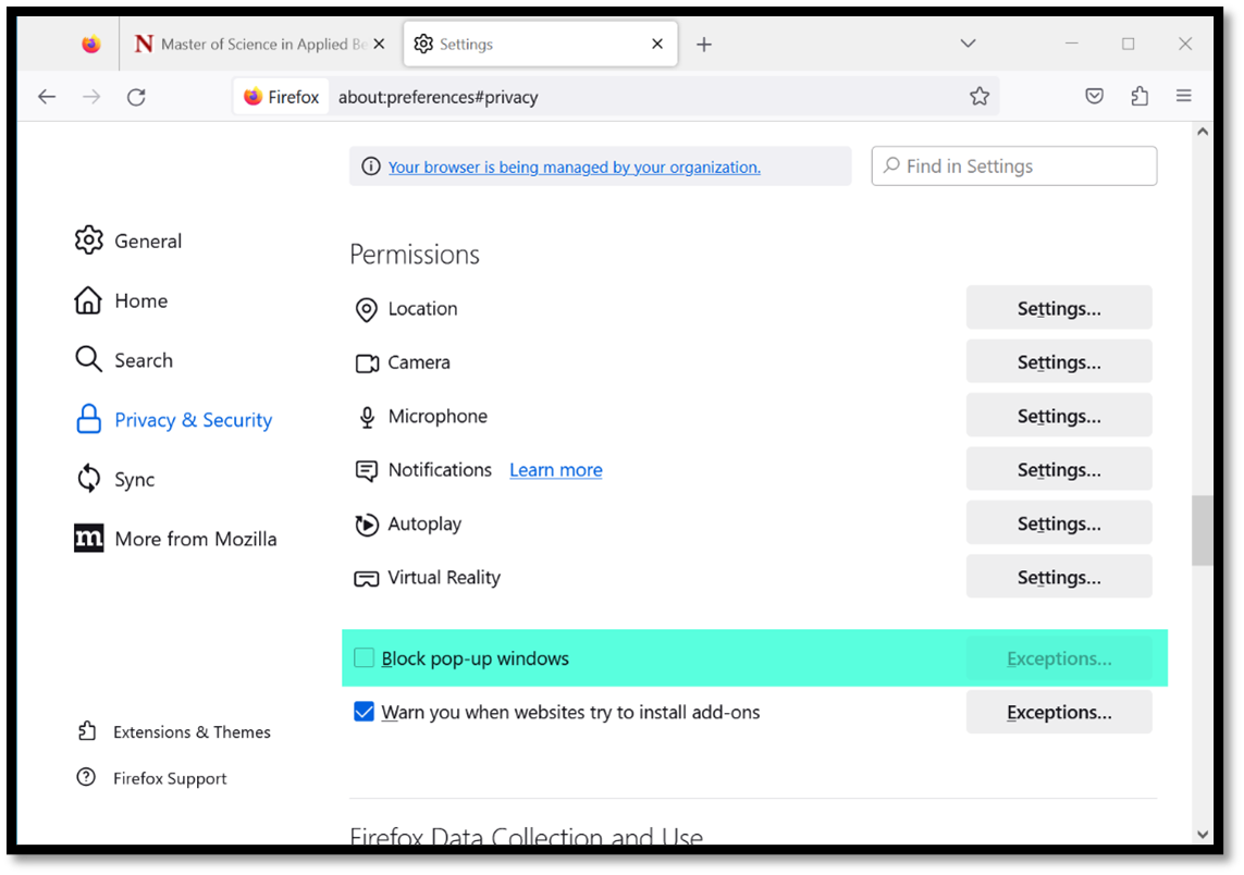 Firefox Privacy and Security setting screen with Block pop-up windows checkbox unchecked highlighted