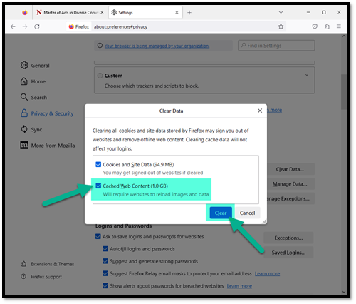 Firefox Clear Data dialog screen with Cached Web Content checkbox checked and Clear button highlighted