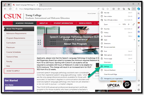 Edge browser with Setting menu highlighted