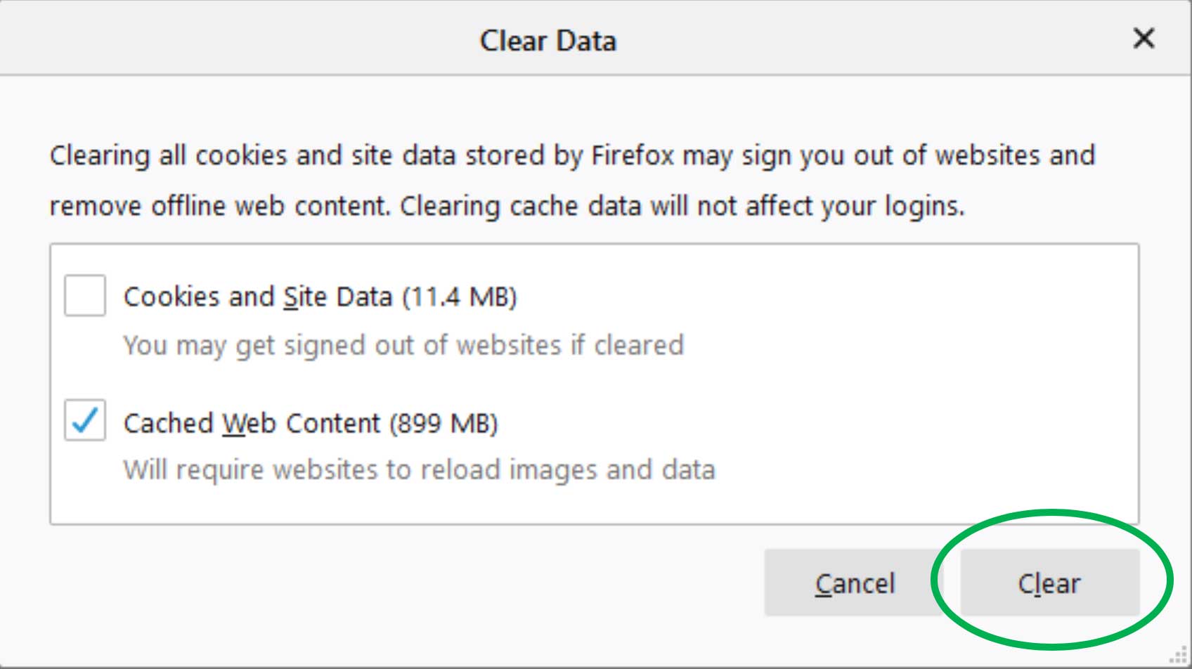 Firefox Clear Data screen