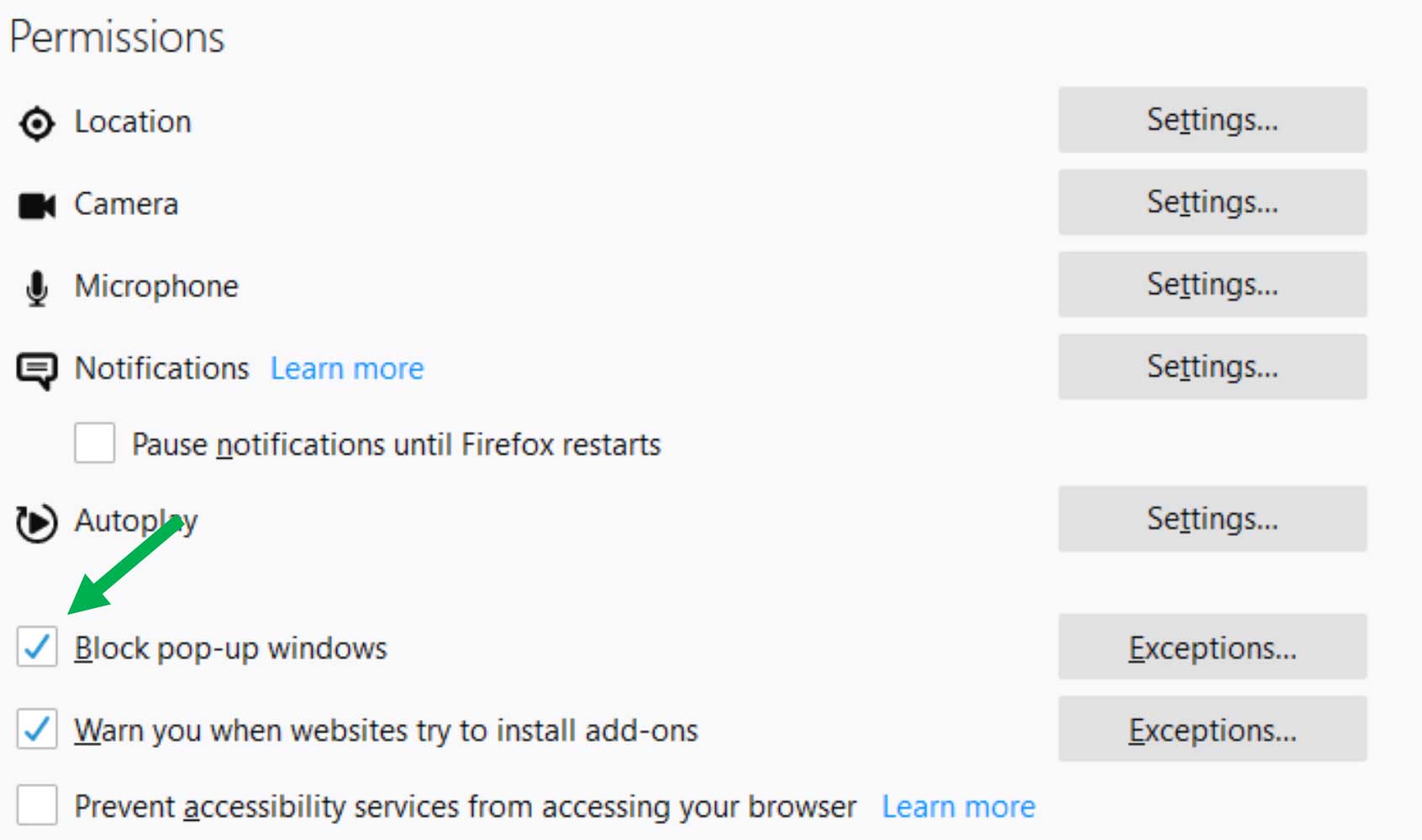 Firex Permissions section screen