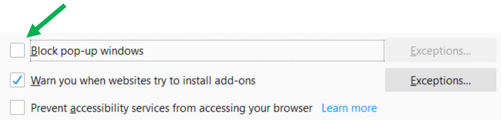 Firefox Permissions section with Block pop-up windows unchecked