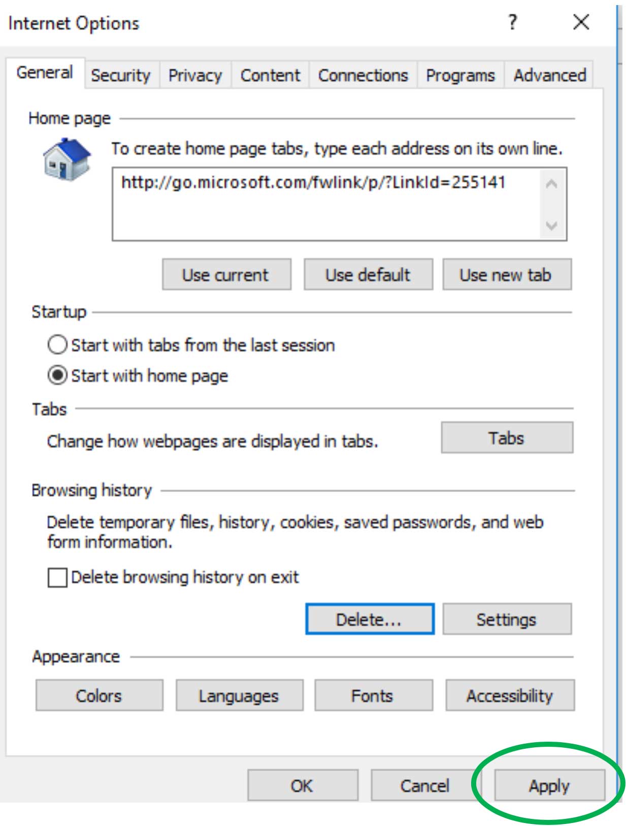 Internet Explorer Internet Options screen with Apply button circled