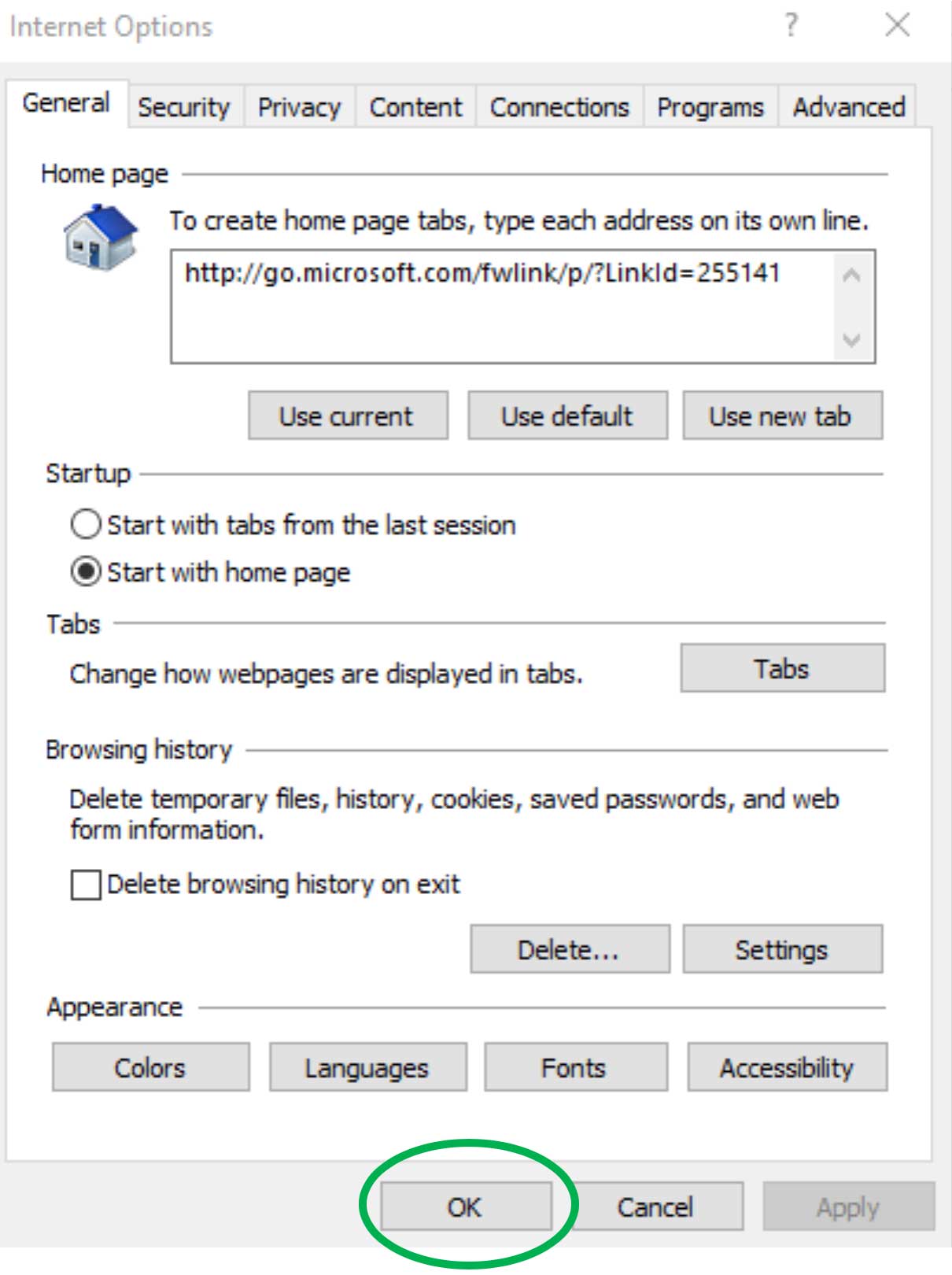 Internet Explorer Internet Options screen with OK button circled