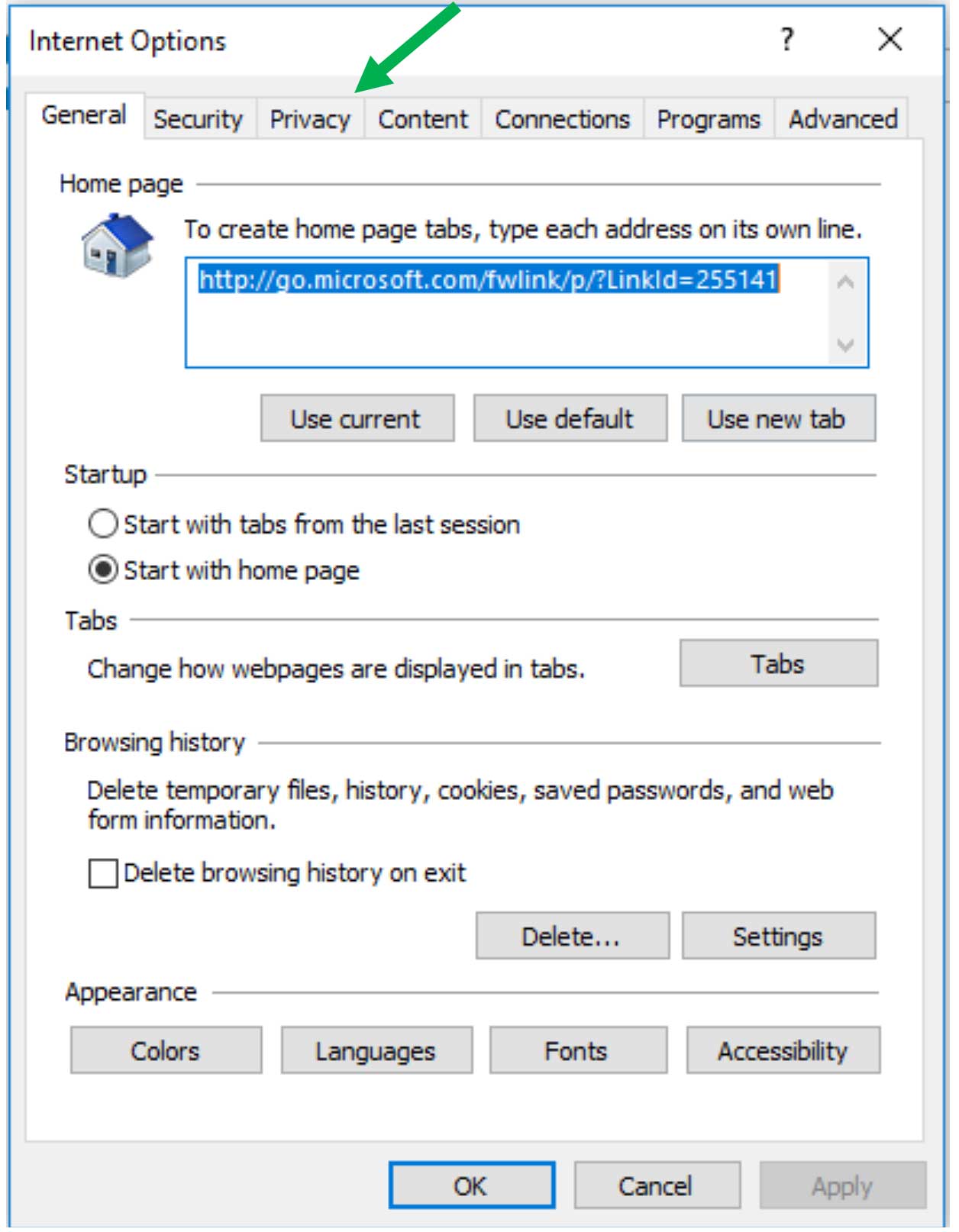 Internet Explorer Internet Options screen