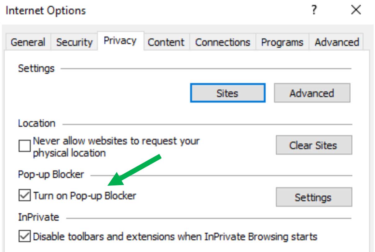 Internet Explorer Privacy screen